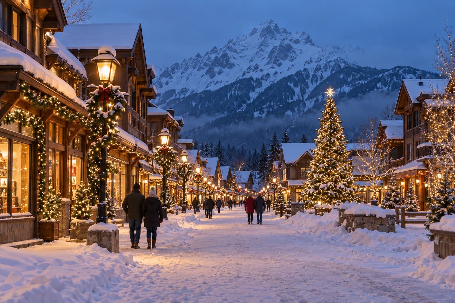 A snowy mountain-town main street on a winter evening, lamp posts wrapped in garlands and lights, a lit Christmas tree, people strolling and a snowy peak behind.