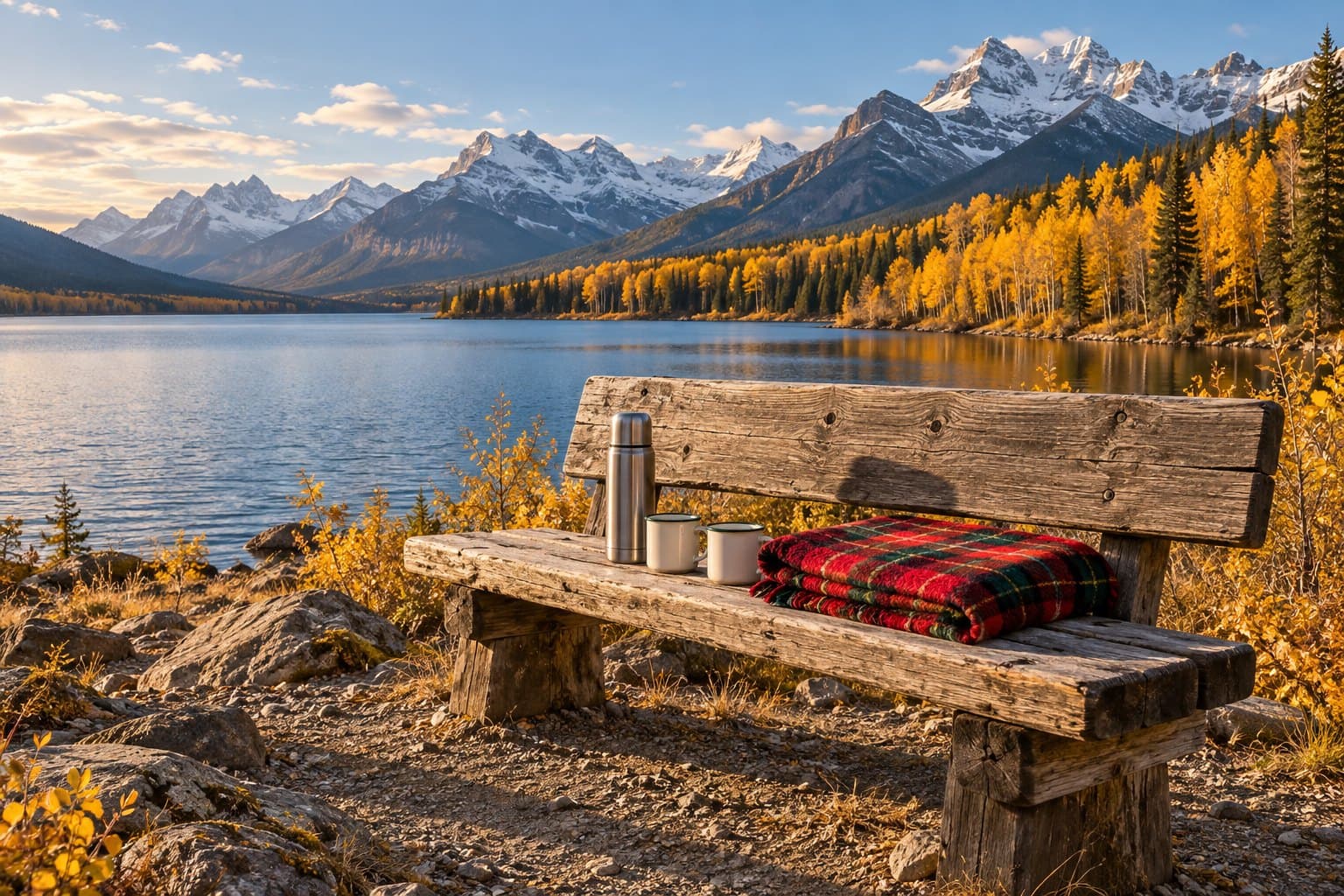 A weathered wooden bench on a quiet mountain lakeshore in autumn, a tartan blanket, a thermos and two enamel mugs on it, golden aspens and snow-capped peaks beyond.
