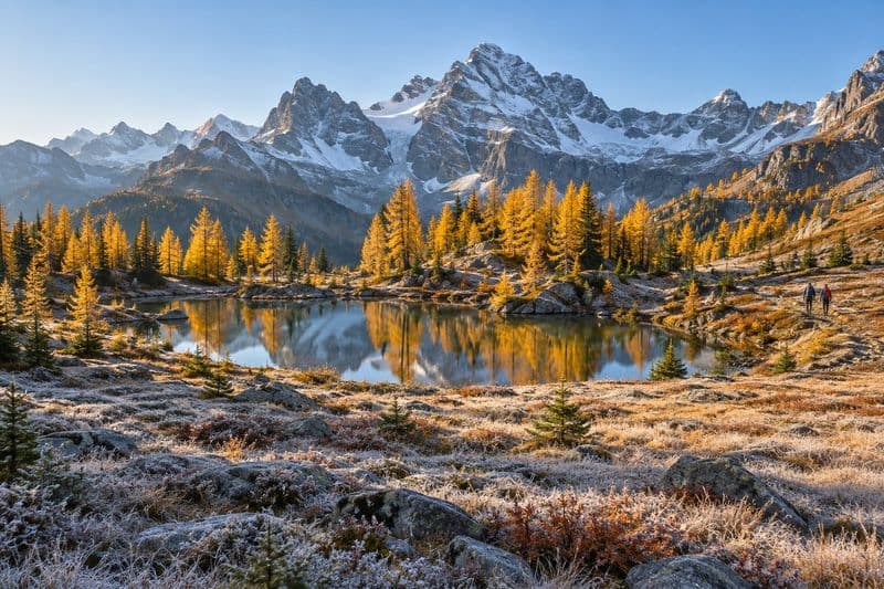 Golden larches around a small alpine tarn on a frosty autumn morning, snow-dusted peaks behind and two hikers on a trail.
